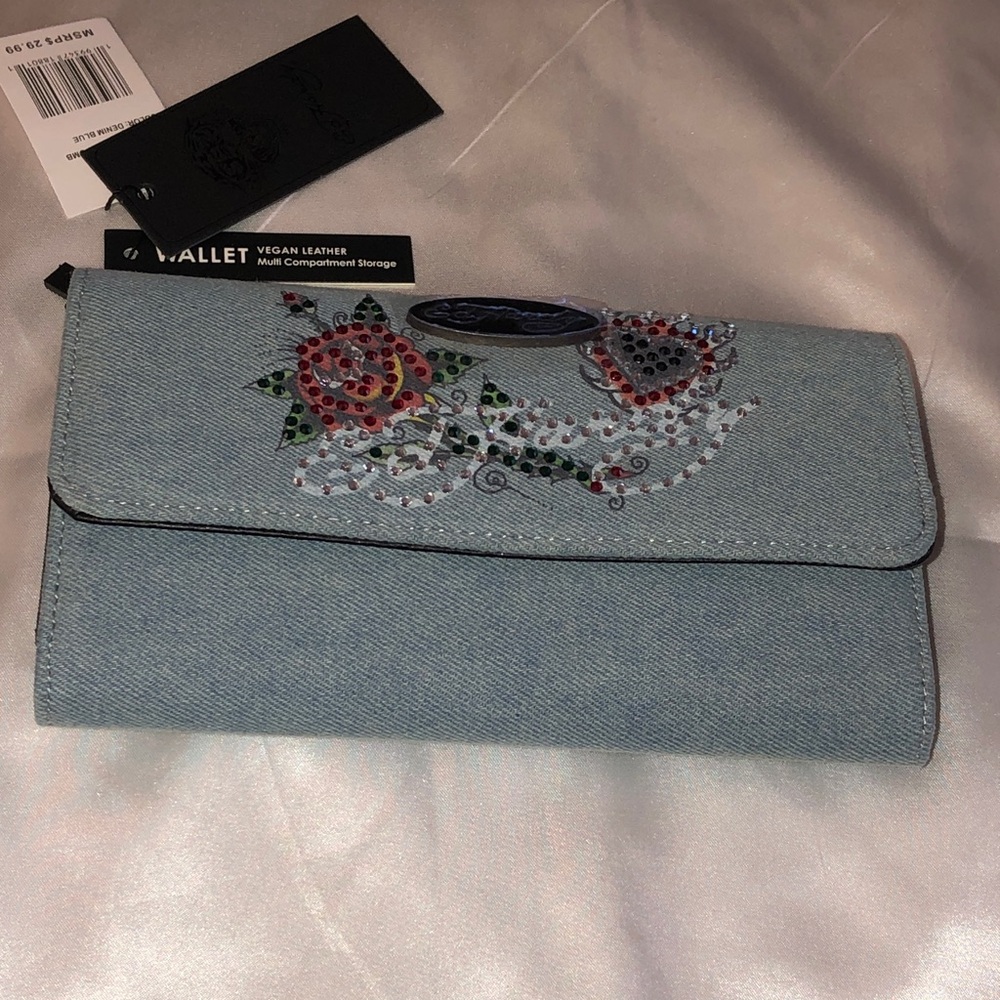 Ed Hardy Denim Blue Flap Wallet Rose & Flaming Heart Rhinestone Accents NWT - Picture 2 of 16